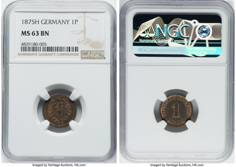 Wilhelm I Pfennig 1875-H MS63 Brown NGC, Darmstadt mint, KM1, AKS20. HID09801242...