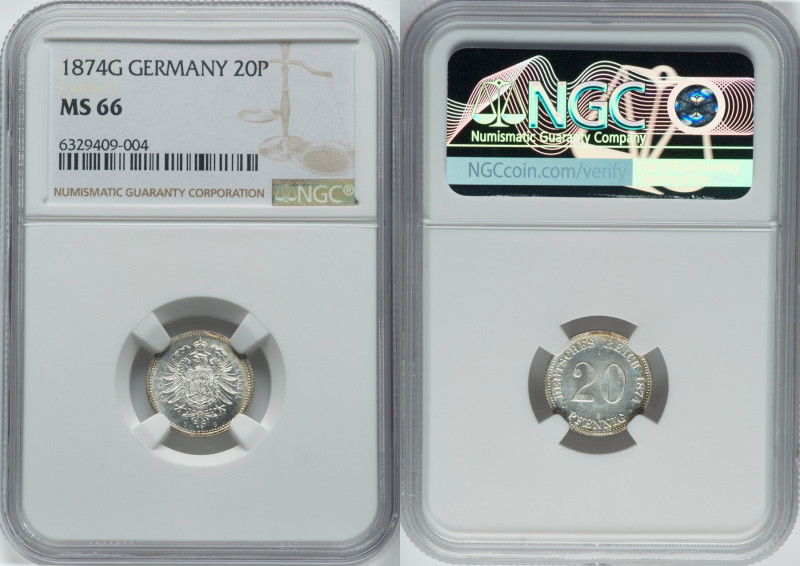 Wilhelm I Pair of Certified 20 Pfennig 1874-G MS66 NGC, Karlsruhe mint, KM5, J-5...