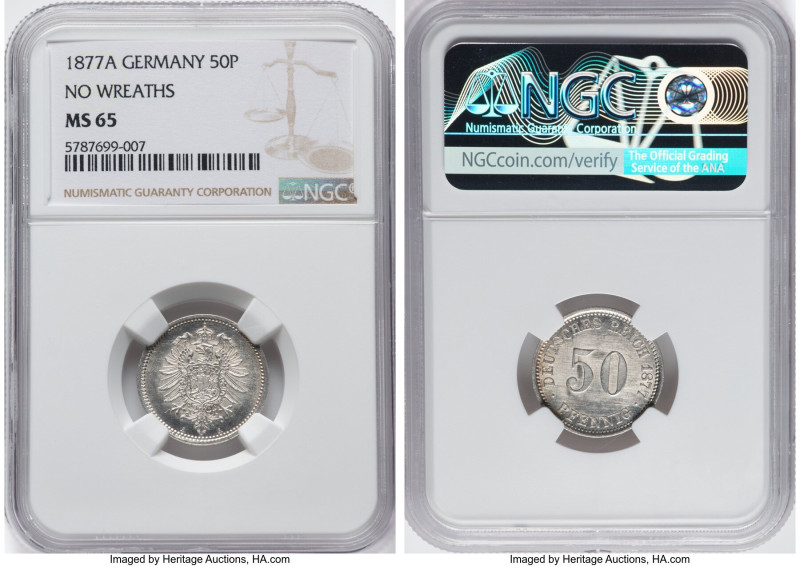 Wilhelm I 50 Pfennig 1877-A MS65 NGC, Berlin mint, KM6. No Wreaths variety. Unto...