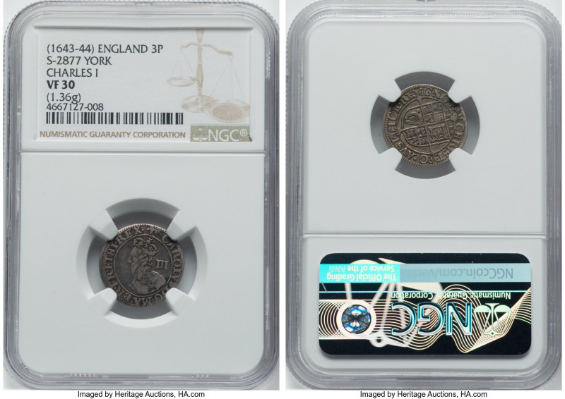 Charles I 3 Pence ND (1643-1644) VF30 NGC, York mint, Lion mm, S-2877. 1.36gm. H...