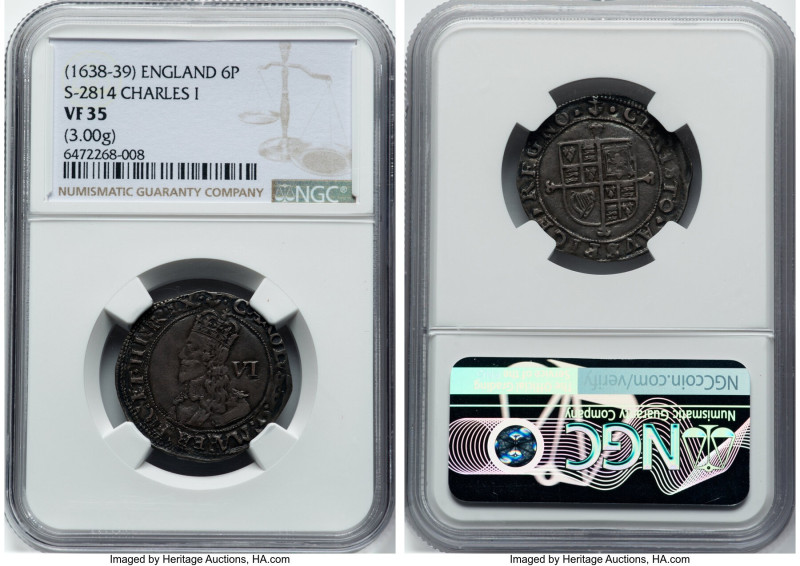 Charles I 6 Pence ND (1638-1639) VF35 NGC, Aberystwyth mint, KM184, S-2814. 3.00...