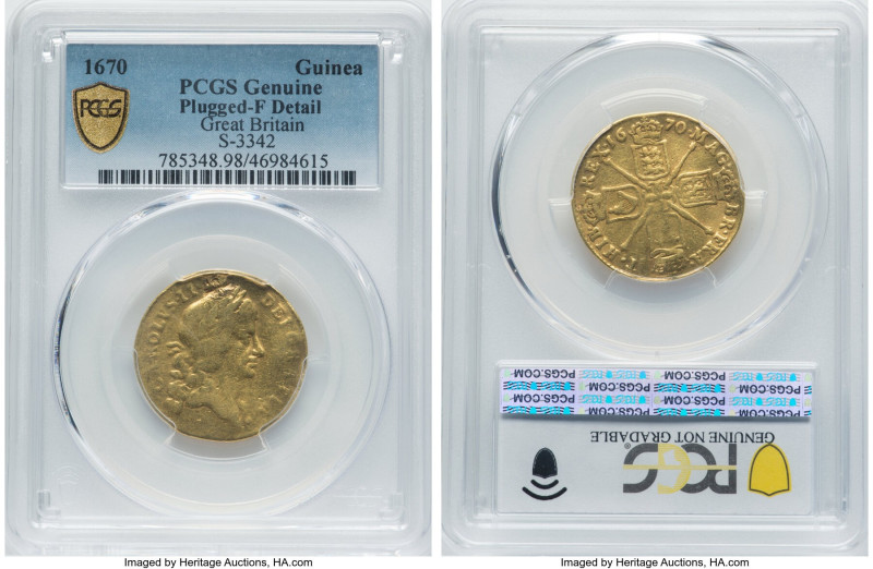 Charles II gold Guinea 1670 F Details (Plugged) PCGS, KM424.1, S-3342. A scarce ...