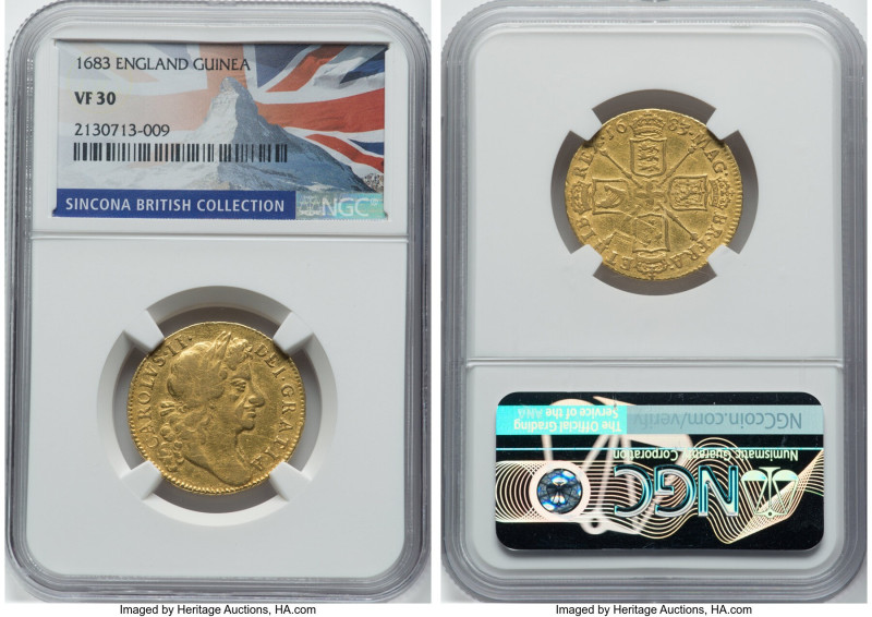 Charles II gold Guinea 1683 VF30 NGC, KM440.1, S-3344. Housed in an NGC holder s...