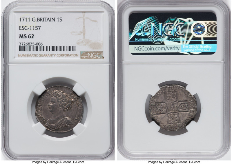 Anne Shilling 1711 MS62 NGC, KM533.2, S-3618, Esc-1158. Fourth bust. This select...