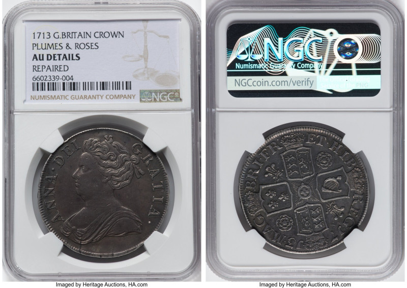 Anne Crown 1713 AU Details (Repaired) NGC, KM536, S-3603, ESC-1349. Plumes & Ros...