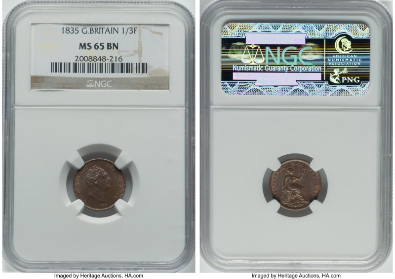 William IV 1/3 Farthing 1835 MS65 Brown NGC, KM721, S-3850. One year type. HID09...