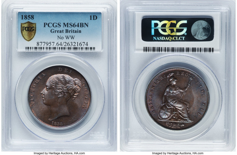 Victoria Penny 1858 MS64 Brown PCGS, KM739, S-3948. No WW. Whirling luster with ...