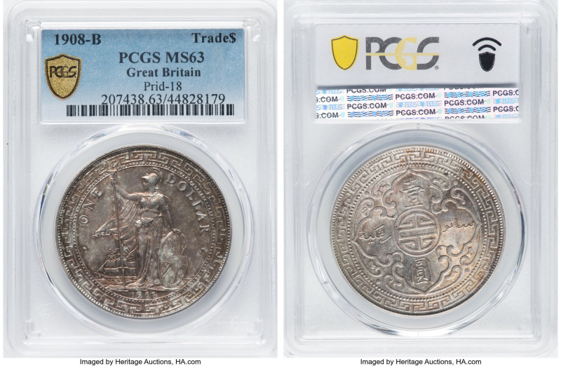 Edward VII Trade Dollar 1908-B MS63 PCGS, Bombay mint, KM-T5, Prid-18. Mottled t...