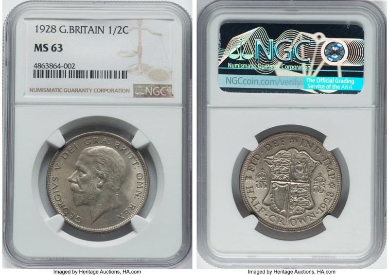 George V 1/2 Crown 1928 MS63 NGC, KM835. Cartwheel luster with silver-gray tone....