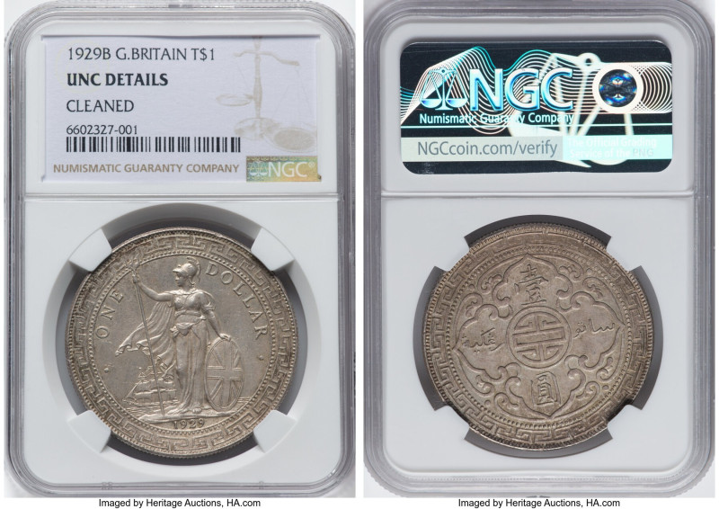 George V Trade Dollar 1929-B UNC Details (Cleaned) NGC, Bombay mint, KM-T5, Prid...