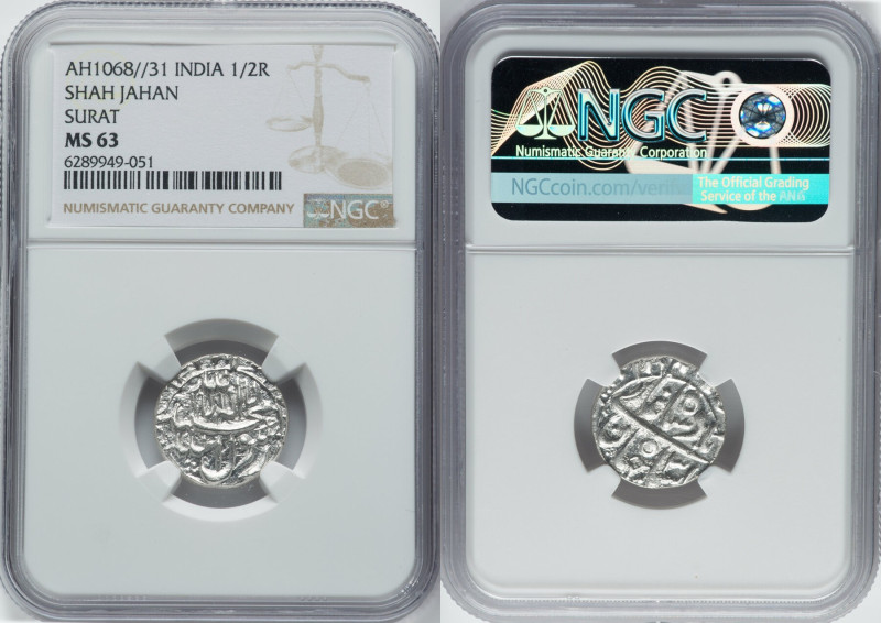 Mughal Empire. Shah Jahan 1/2 Rupee AH 1068 Year 31 (1657/1658) MS63 NGC, Surat ...