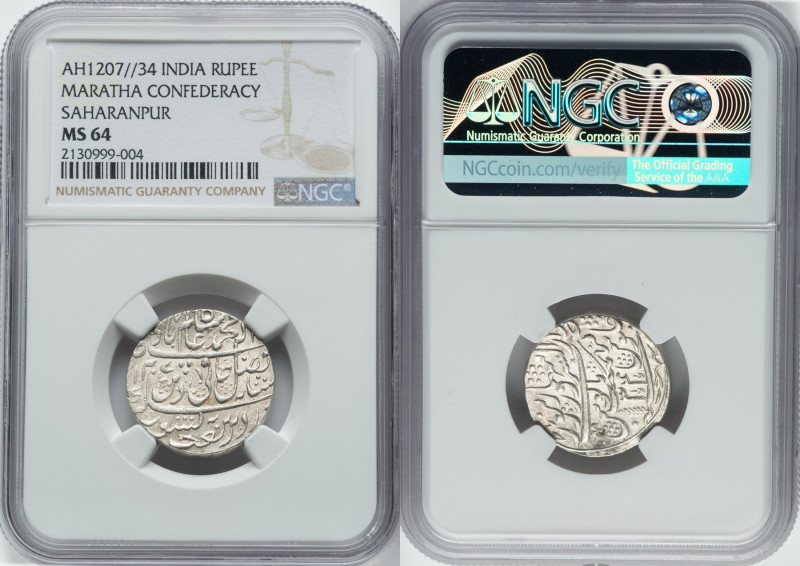 Maratha Confederacy. Anonymous Rupee AH 1207 Year 34 (1792/1793) MS64 NGC, Sahar...