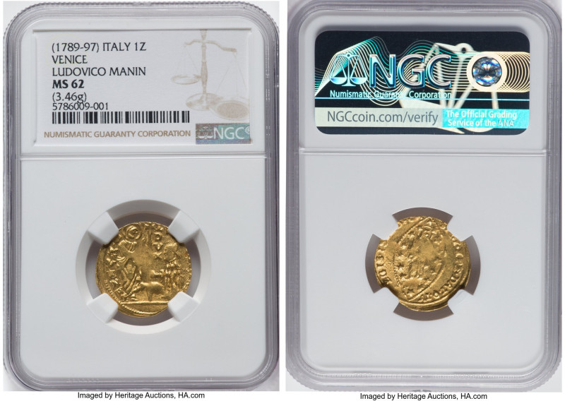 Venice. Ludovico Manin gold Zecchino ND (1789-1797) MS62 NGC, Venice mint, KM755...