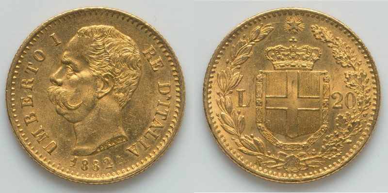 Umberto I gold 20 Lire 1882-R AU, Rome mint, KM121. Very choice AU condition. HI...