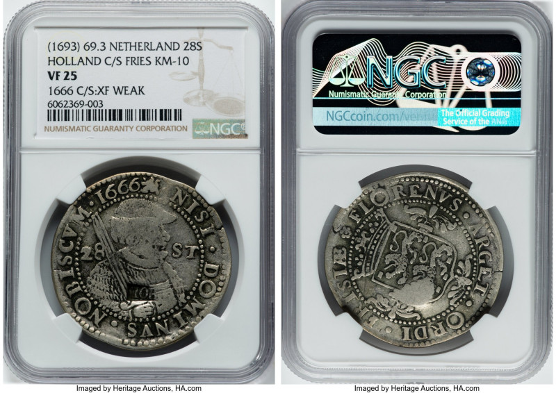 Provincial Counterstamped 28 Stuivers (Florijn) ND (1693) VF25 NGC, KM69.3. Coun...