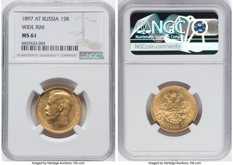 Nicholas II gold "Wide Rim" 15 Roubles 1897-AΓ MS61 NGC, St. Petersburg mint, KM...