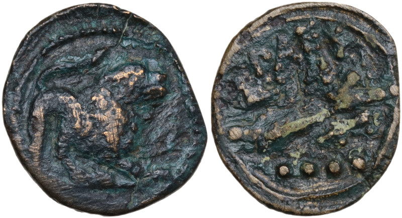 Italy, Northern Lucania, Paestum, 2nd century BC. Æ Triens (17mm, 2.06g). Lion r...