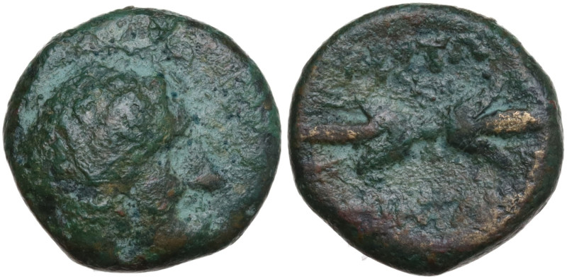 Italy, Bruttium, Kroton, c. 300-250 BC. Æ (14mm, 3.24g). Head of river-god r. R/...