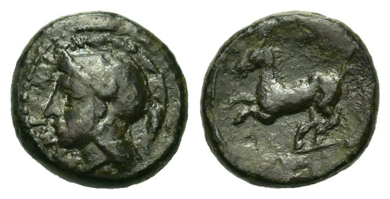 Siciliy, Kamarina (425-405 BC). Æ (15,7mm, 4.15g). [KAMAPINAIΩN] head of Athena ...