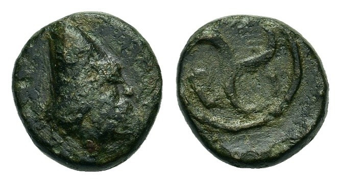 Troas, Birytis. 4th-3rd centuries BC. Æ (9,8mm, 1,4g). Helmeted head of bearded ...