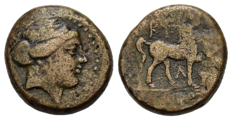 Aeolis, Kyme, c. 165-140 BC. Æ (20,5mm, 10.47g). Head of the Amazon Kyme r. R/ H...