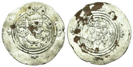 Sasanian Kings of Persia. A. Hormizd V or VI [mule with Khusru II]. Circa 631/2 AD. Plated Drachm (31,4mm, 2.68g). WYH (Veh-Ardashir) mint. Dated year...