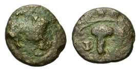 Uncertain Asia Minor mint (possibly Meliboia), 4th century BC. Æ (10,2mm, 1.22g). Head of nymph to r.(?). R/Bunch of grapes and two vine leaves hangin...