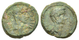 Augustus with Divus Julius Caesar. Macedon, Thessalonica. Æ (22mm, 11,79g). Crowned head of Julius Caesar r. R/ Bare head of Augustus r.; Δ below. RPC...