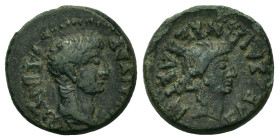 Tiberius, with Julia Augusta (Livia, 14-37). Macedon, Edessa. Æ (22mm, 8,00g). Laureate head of Tiberius r. R/ Bare head of Livia r. Papaefthymiou die...