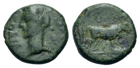 Claudius (41-54). Macedon. Philippi. Æ (16mm, 3.73g). Bare head of Claudius l.; uncertain countermark on neck. R/Two togate priests performing the Pom...