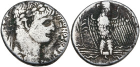 Nero (54-68). Seleucis and Pieria, Antioch. AR Tetradrachm (26mm, 14.10g), regnal year 8 and year 110 of the Caesarian Era (AD 61/2). Laureate bust r....