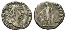 Trajan (98-117). Arabia, Bostra. AR Drachm (16,9mm, 3.33g). Laureate bust r., slight drapery. R/ Arabia standing l. holding branch and bundle of cinna...