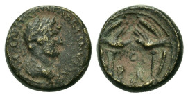 Hadrian (117-138). Phoenicia, Berytus. Æ (18mm, 6.00g). Laureate, draped, and cuirassed bust r. R/ Two legionary aquilae within wreath. RPC III 3855; ...