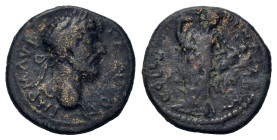 Marcus Aurelius (161-180). Macedon, Cassandraea. Æ (21mm, 5,35g). Laureate head of Marcus Aurelius r. R/ Nymph Nysa standing, facing, head, r., raisin...