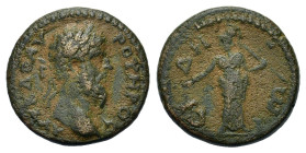 Lucius Verus (161-169). Pamphylia, Side. Æ (19mm, 4.56g). Laureate head r. R/ Athena standing facing, head l., extending r. hand and holding transvers...