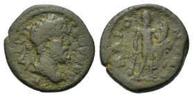 Septimius Severus (193-211). Lydia, Maeonia. Æ (19mm, 4.32g). Laureate head r. R/ Herakles standing facing, head r., holding club, cornucopia and lion...