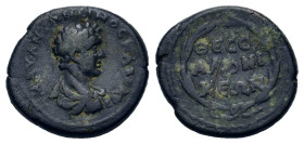 Caracalla (as Caesar, 198-217). Macedon, Thessalonica. Æ (20mm, 6,20g). Bare-headed, draped, and cuirassed (?) bust r. R/ Legend in three lines, withi...
