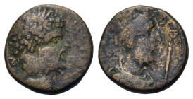 Caracalla with Abgar IX Severus (212-213). Mesopotamia, Edessa. Æ (16mm, 3.73g). Laureate head of Caracalla r. R/ Diademed and draped bust of youthful...