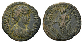 Geta (Caesar, 197-209). Phrygia, Philomelion. Æ (21,6mm, 4.9g). Radiate and draped bust r. R/ yche standing facing, head l., resting on rudder and hol...