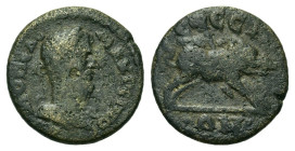 Macrinus (217-218). Ionia, Ephesus. Æ (16,7mm, 2.8g). Laureate and draped bust r. R/ Boar advancing r., pierced by spear.
Karwiese 607; SNG Copenhagen...