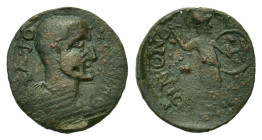 Maximinus I (235-238). Thessaly, Koinon of Thessaly. Æ Tetrassarion (17mm, 2.78g). Laureate, draped, and cuirassed bust r. R/ Warrior advancing r., ho...