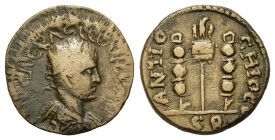 Volusian (251-253). Pisidia, Antioch. Æ (21mm, 4.7g). Radiate, draped and cuirassed bust r. R/ Aquila between two signa; in ex., SR. SNG BnF 1295.