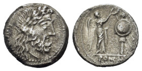 Anonymous, Victoriatus, Uncertain mint (Sicily ?), after 211 BC; AR (16,3mm, 2.88g) Laureate head of Jupiter r., R/Victory r., crowning a trophy with ...