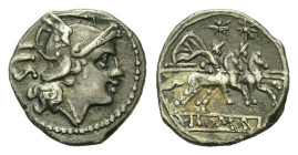 Anonymous, Rome, 211-208 BC. AR Sestertius (11.5mm, 1.00g). Helmeted head of Roma r.; IIS behind. R/ The Dioscuri, each holding spear, on horseback r....