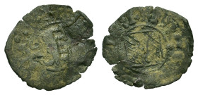 Italy, Catania. Federico IV d'Aragona (1355-1377). Æ Denaro (17,8mm, 0,7g). Arms of Catania in square within circle, with roses in the fields. R/ Hera...