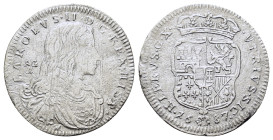 Italy.Napoli. Carlo II di Spagna. (1665-1700). AR Carlino (22mm, 2.2g). Napoli (Naples) mint. Dated 1687. Draped and cuirassed bust r.; AG/A to l.; M ...