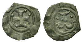 House of Hohenstaufen (1194-1268), Manfred (King of Sicily, 1258-1266). Æ Denaro (13,1mm, 0.42g). Messina, AD 1258-1266. + MAYNF R, in field, tau betw...