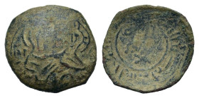 Italy, Sicily, Messina. Guglielmo I (1154-1166). Æ Follaro Fraction (15mm, 1.10g). Virgin with Holy Child. R/ REX W within circle; Kufic legend around...