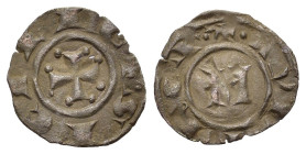 Italy, Sicily. Manfredi (1258-1266). Æ Denaro (15,9mm, 0.42g). Messina. Large M. R/ Cross. Spahr 204.