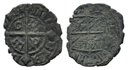 Italy, Sicily. Maria and Martin of Aragon. Æ Denaro (14mm, 0.57g). Messina, AD 1396-1402. Arms of Aragon and Sicily in lozenge from. R/ Long cross, G ...